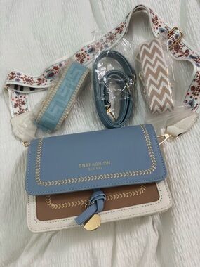 Blue and Brown Crossbody Bag with Decorative Straps